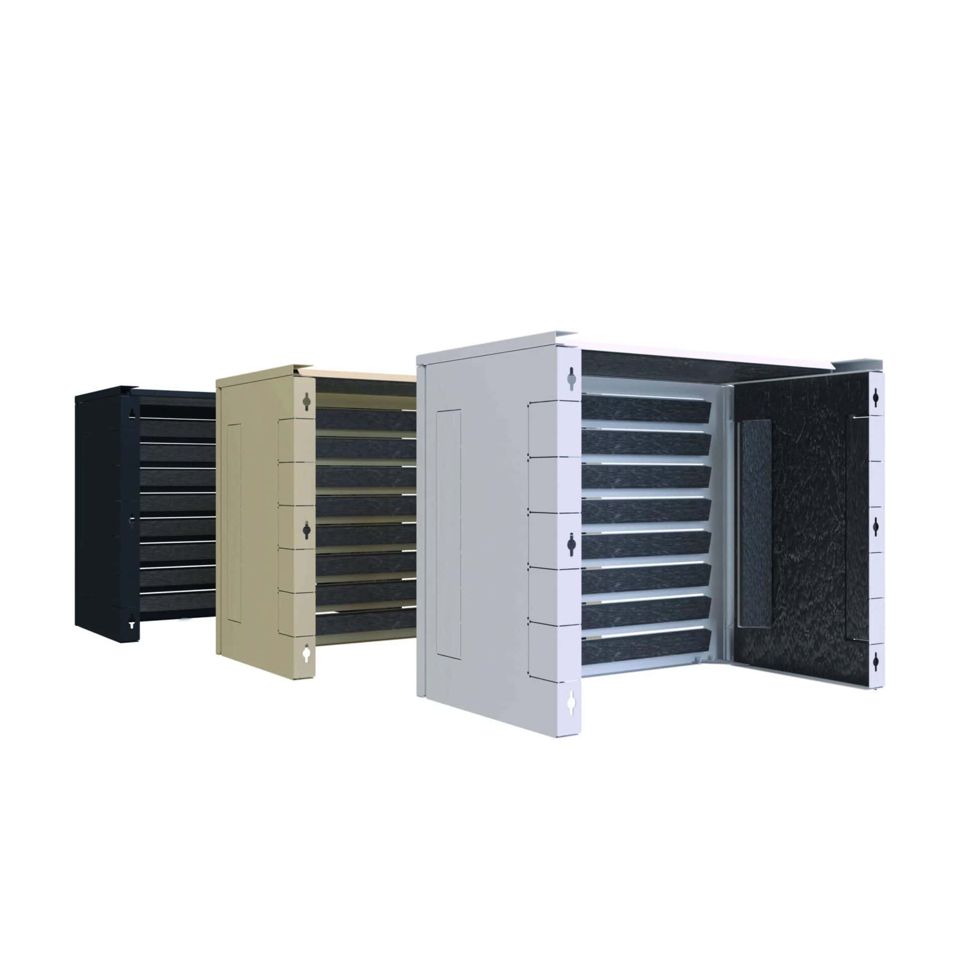Caches pompe à chaleur ouverts en 3 coloris : noir, beige et blanc