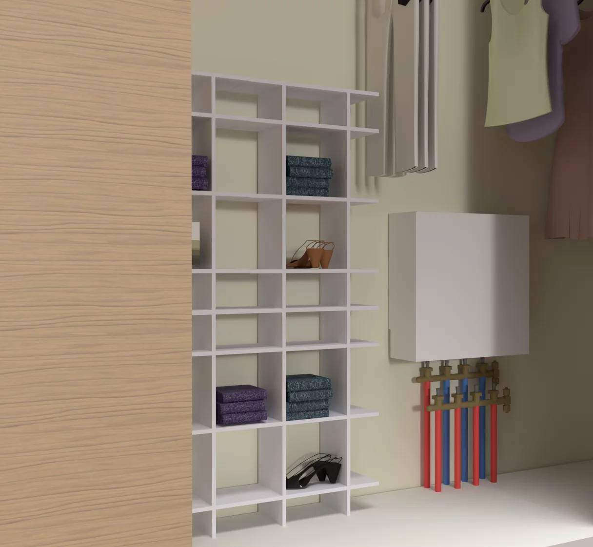 Cache nourrice blanc dissimulant des raccords de plomberie dans un placard ou dressing