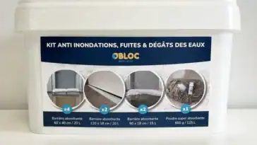 Kit anti inondation OBLOC avec 4 sacs, 4 boudins et la poudre d'asséchement