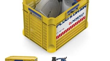 Kit complet Plug & Drain de Pedrollo avec pompe, tuyau et panier de transport jaune