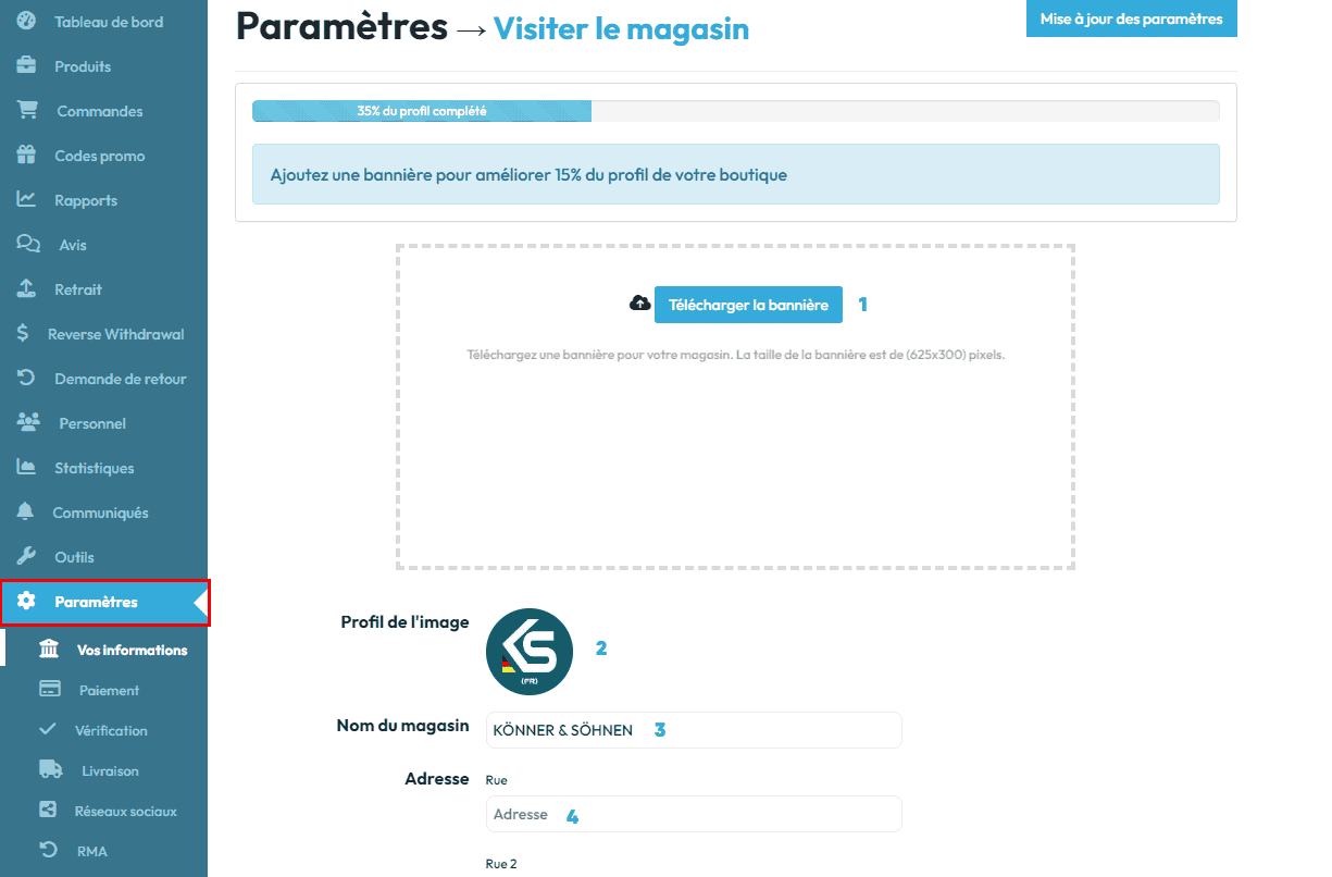 Help Center - Floody - Parametres espace vendeur