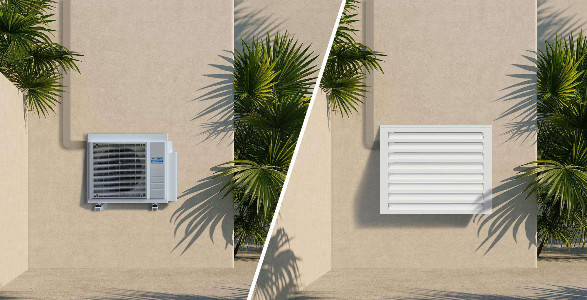 Comparaison avant/après d'une unité extérieure avec et sans cache décoratif pour pompe à chaleur