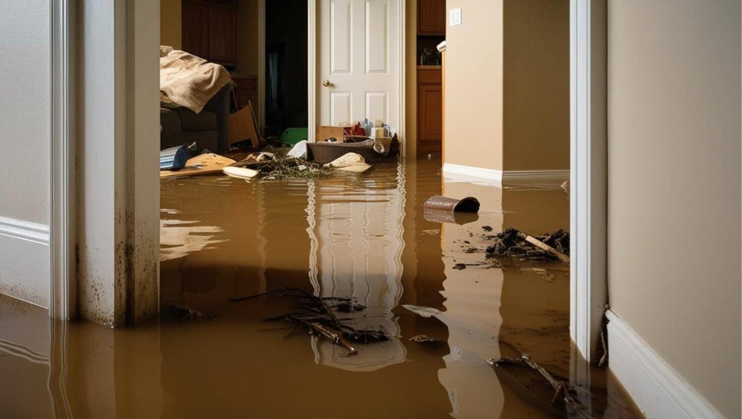 Inondations et débris dans une maison