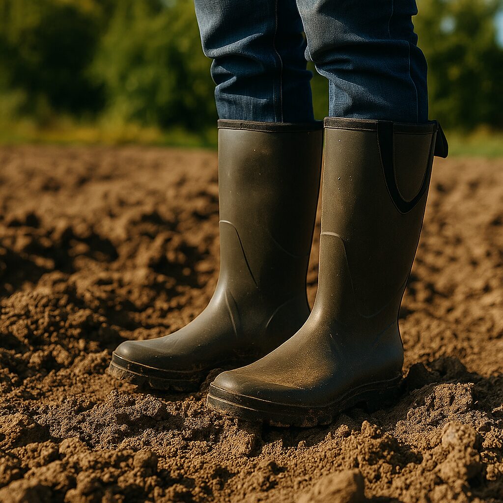 Gros plan sur des bottes de sécurité en caoutchouc portées par un agriculteur debout sur un champ labouré