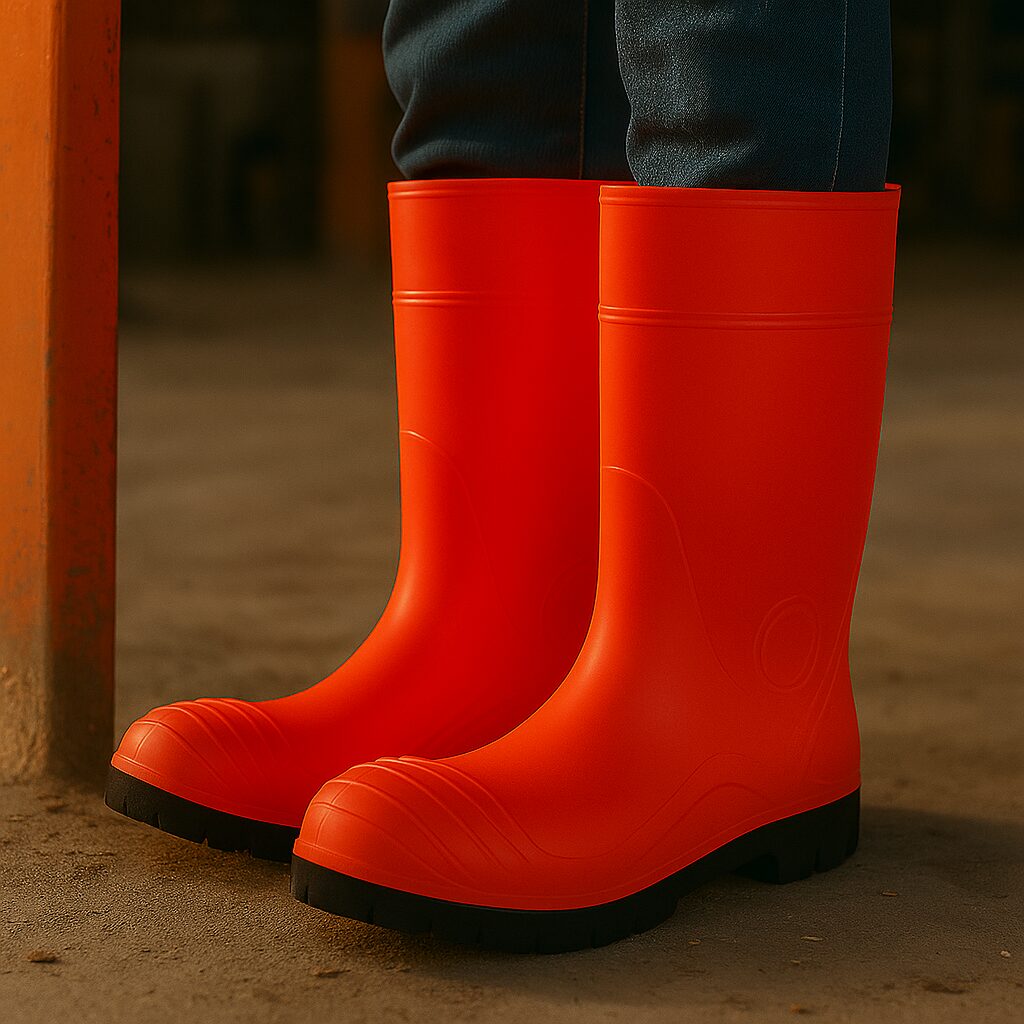 Gros plan sur des bottes de sécurité orange montantes portées par un travailleur sur un sol en béton dans un environnement industriel