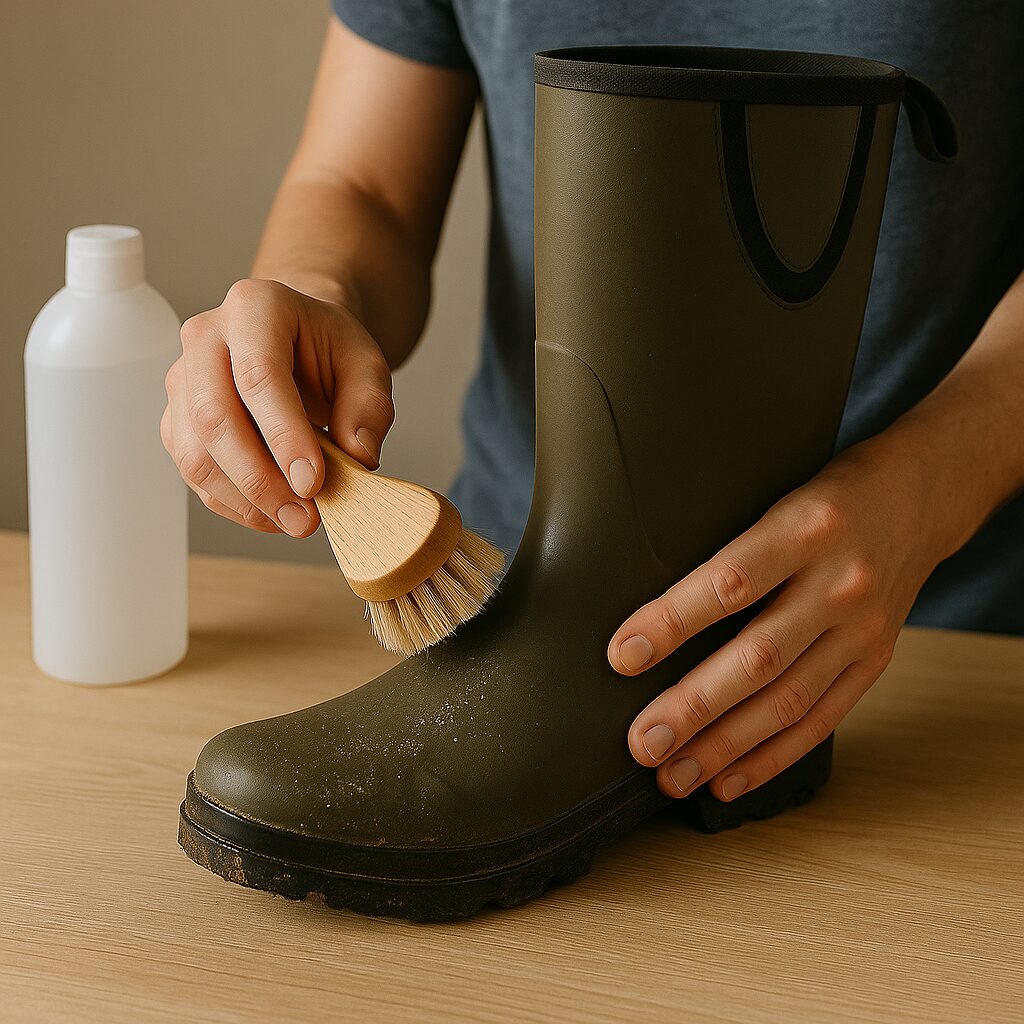 Gros plan sur une personne nettoyant des bottes de pluie vertes à l’aide d’une brosse, illustrant l’entretien des bottes de sécurité