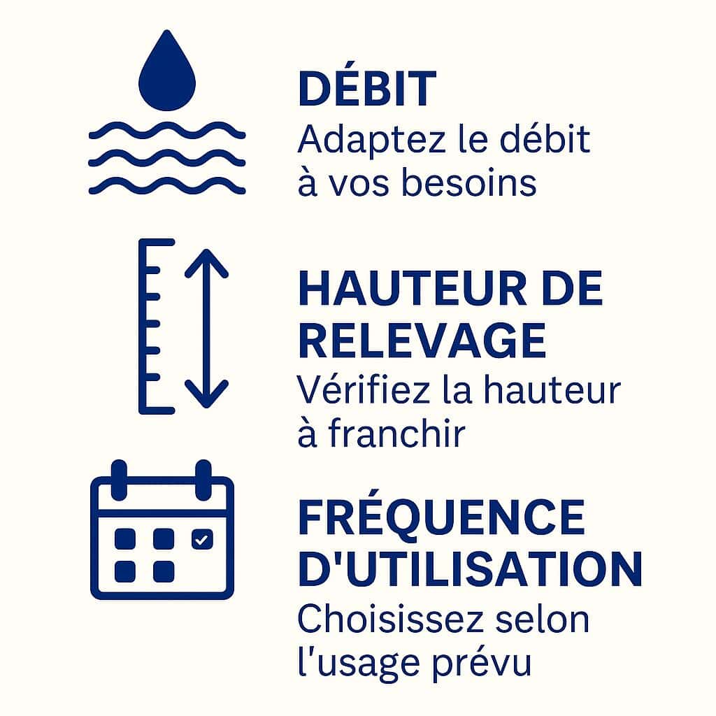 Infographie des critères de choix d'une pompe de relevage : débit, hauteur de relevage, fréquence d'utilisation