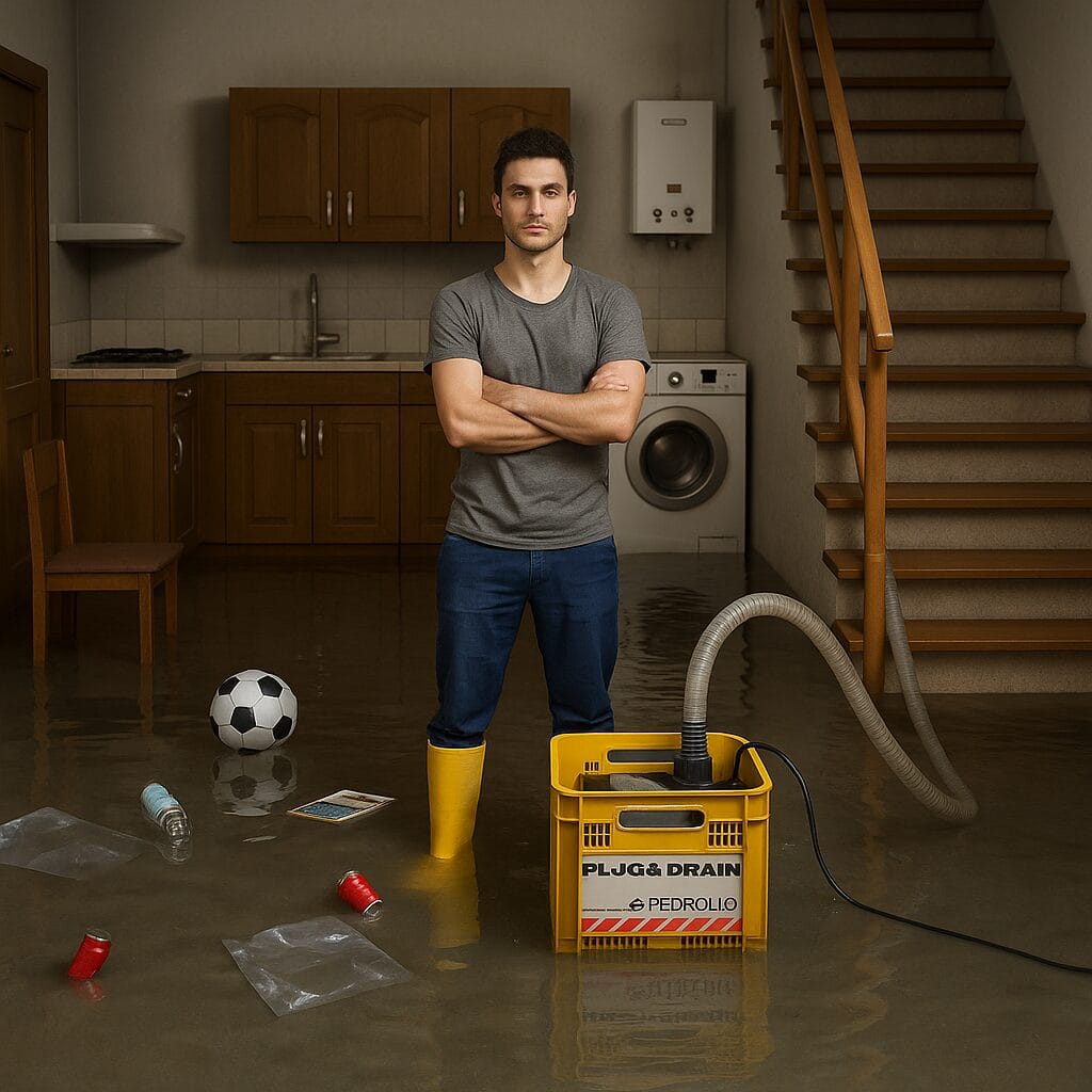 Homme dans une maison inondée utilisant le kit Plug & Drain de Pedrollo pour évacuer l’eau