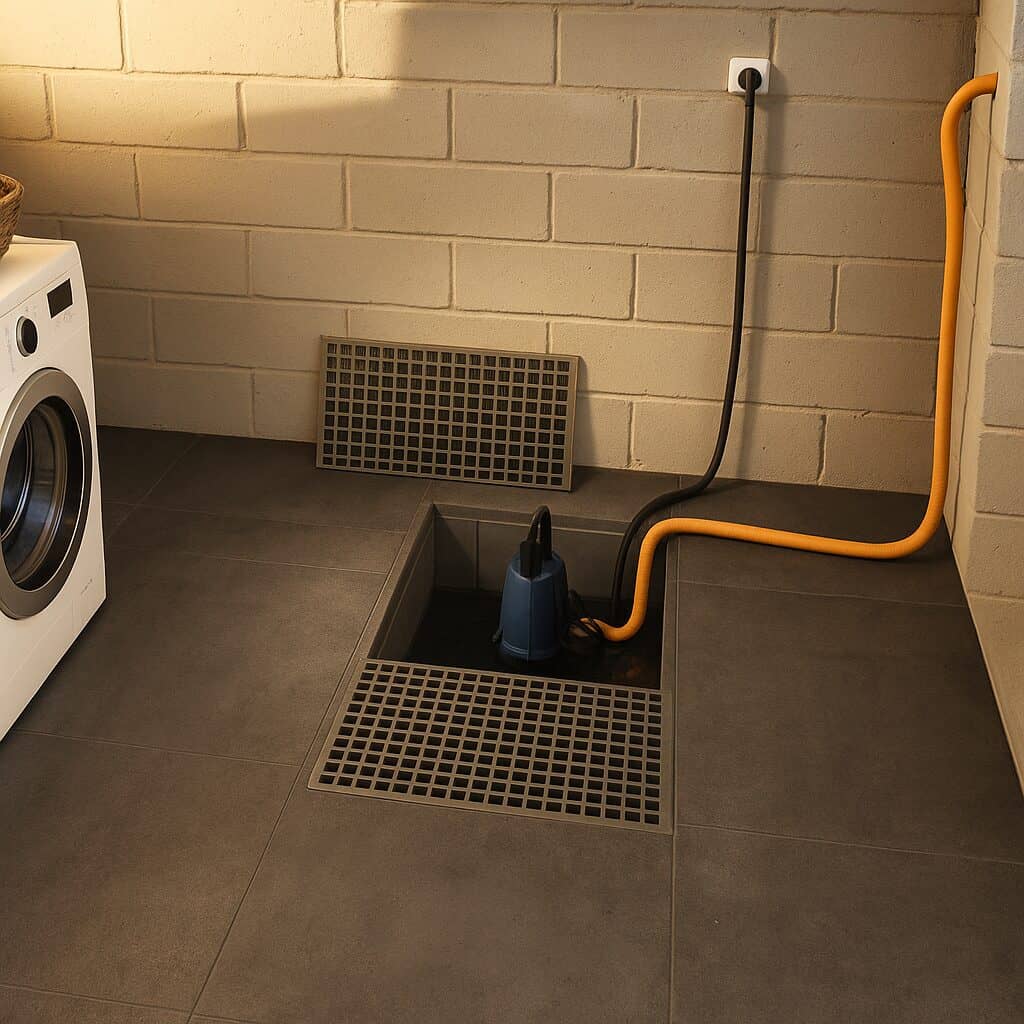 Pompe de relevage installée dans une cave avec grille de sol et machine à laver