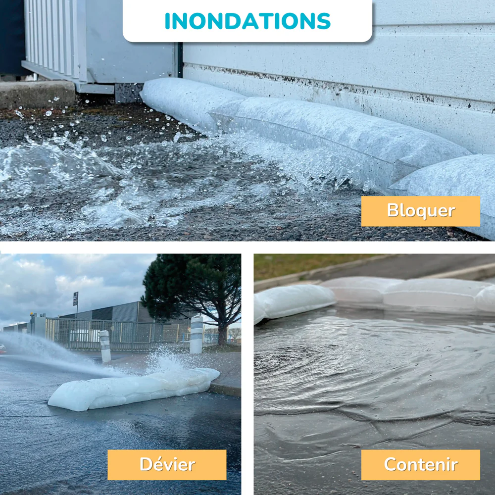 Utilisation de sacs anti-inondation pour bloquer, dévier et contenir l'eau sur la chaussée