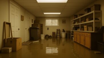 Photo d’une cave inondée avec eau stagnante, meubles et cartons mouillés