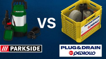 Comparatif visuel entre la pompe vide-cave Parkside de Lidl et le kit anti-inondation Plug & Drain de Pedrollo