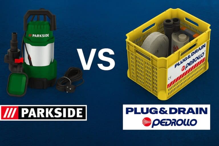 Comparatif visuel entre la pompe vide-cave Parkside de Lidl et le kit anti-inondation Plug & Drain de Pedrollo