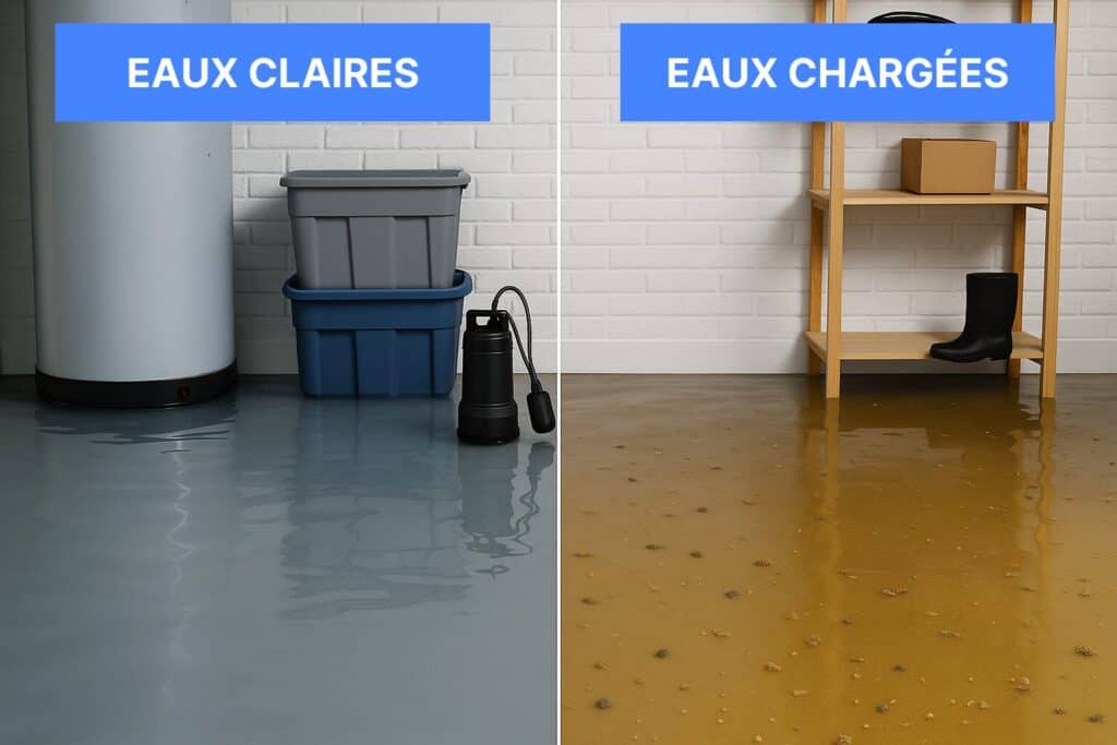 Comparaison eaux claires et eaux chargées dans une cave inondée avec pompe vide cave