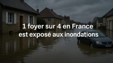 Quartier résidentiel inondé en France avec une voiture submergée