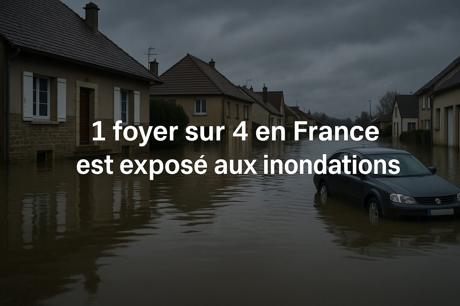 Quartier résidentiel inondé en France avec une voiture submergée