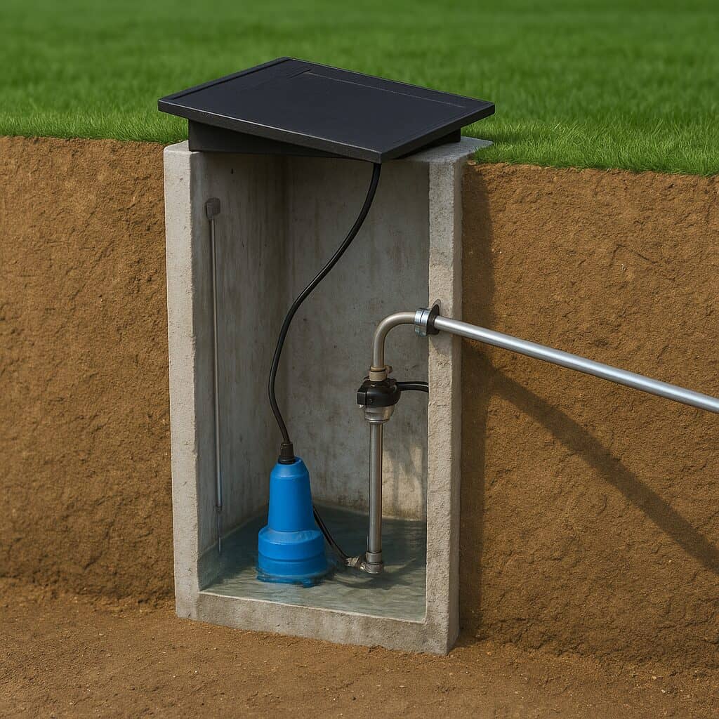 Pompe de relevage installée dans un regard béton enterré avec sortie latérale et couvercle