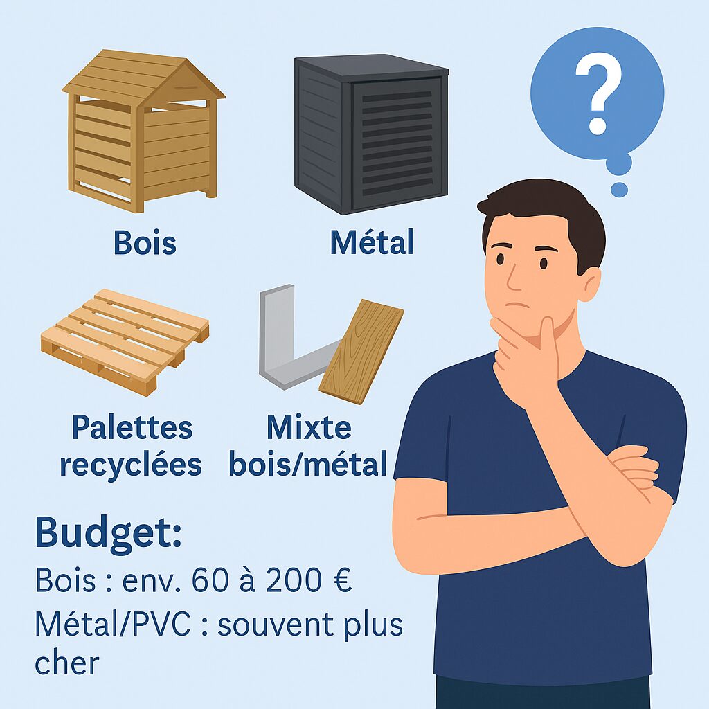 Illustration d’un particulier réfléchissant au choix des matériaux pour construire un abri à poubelles, avec options bois, palettes recyclées, métal et mixte bois/métal.