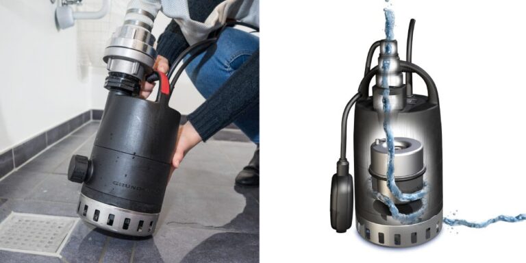 Pompe de relevage submersible en fonctionnement avec flotteur de niveau et turbine interne pour l’évacuation des eaux usées ou pluviales.