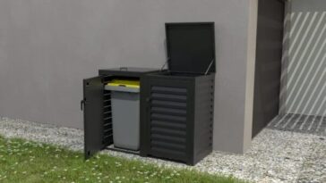 Types d'abris pour poubelles en aluminium double avec ouverture frontale et couvercle, installé sur une terrasse extérieure