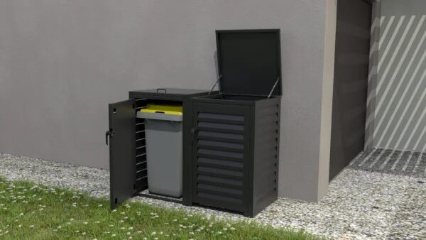 Types d'abris pour poubelles en aluminium double avec ouverture frontale et couvercle, installé sur une terrasse extérieure