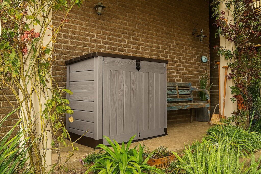 Abri pour poubelles en plastique gris installé sur une terrasse extérieure entourée de végétation