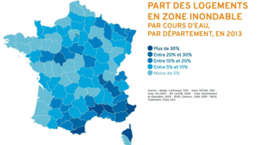 Carte de France montrant la proportion de logements situés en zone inondable par cours d’eau, par département, en 2013, avec un code couleur allant de moins de 5 % à plus de 30 %.