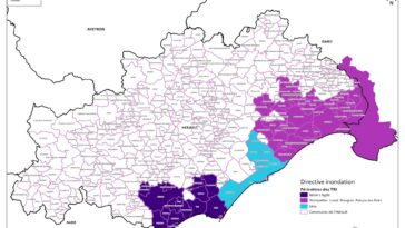 Carte des zones inondables et périmètres TRI dans l'Hérault : Béziers, Agde, Sète, Montpellier, Lunel, Mauguio, Palavas-les-Flots