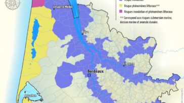 Carte des zones inondables et phénomènes littoraux en Gironde : Bordeaux, Arcachon, Libourne, Langon, Blaye – risques inondation et submersion marine selon le DDRM.