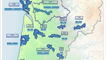 Carte des territoires à risque important d’inondation (TRI) et des stratégies locales de gestion des risques d’inondation (SLGRI) en Nouvelle-Aquitaine, réalisée par la DREAL.