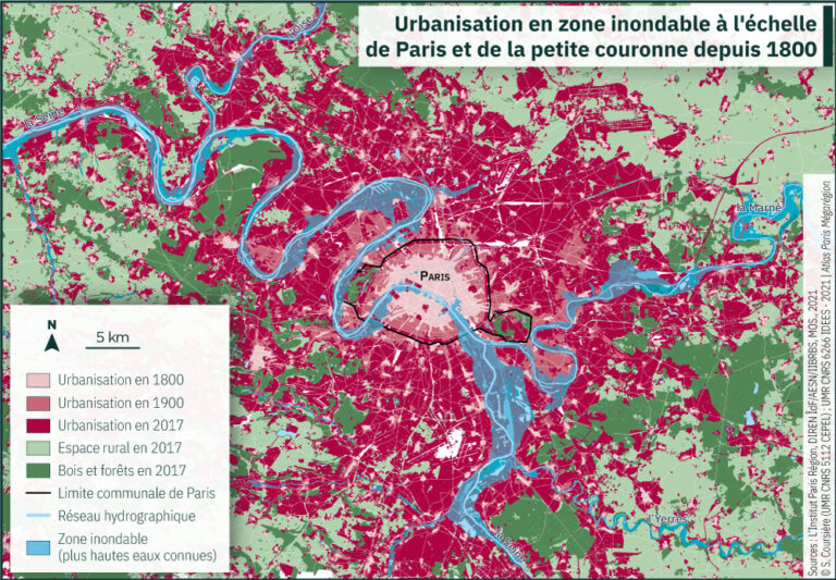 Carte de l’urbanisation en zone inondable à Paris et en Île-de-France entre 1800 et 2017