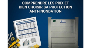 Visuel sur fond bleu montrant un batardeau aluminium, une grille tarifaire de protections anti-inondation et des outils pour aider à comprendre le prix d’une barrière étanche