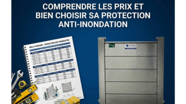 Visuel sur fond bleu montrant un batardeau aluminium, une grille tarifaire de protections anti-inondation et des outils pour aider à comprendre le prix d’une barrière étanche