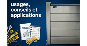 Visuel pédagogique avec un batardeau aluminium, outils de pose et fiches de bonnes pratiques sur fond bleu expliquant les usages et conseils d’installation