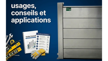 Visuel pédagogique avec un batardeau aluminium, outils de pose et fiches de bonnes pratiques sur fond bleu expliquant les usages et conseils d’installation