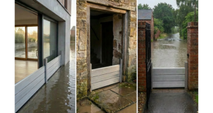 Montage de trois batardeaux amovibles en aluminium installés devant une baie vitrée, une porte en pierre et un portail pour retenir l’eau lors d’une inondation