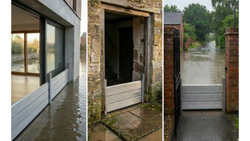 Montage de trois batardeaux amovibles en aluminium installés devant une baie vitrée, une porte en pierre et un portail pour retenir l’eau lors d’une inondation