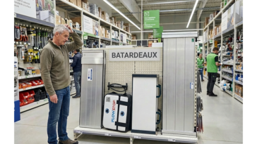 Homme dans un magasin de bricolage consultant un rayon de batardeaux anti inondation rigides et gonflables pour choisir le bon modèle