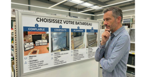 Homme en magasin de bricolage réfléchissant devant un panneau “Choisissez votre batardeau” qui compare les modèles gonflables, composites, aluminium et acier avec leurs avantages