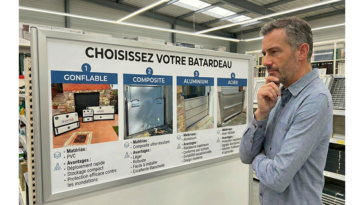 Homme en magasin de bricolage réfléchissant devant un panneau “Choisissez votre batardeau” qui compare les modèles gonflables, composites, aluminium et acier avec leurs avantages