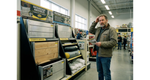 Homme dans un magasin de bricolage hésitant devant un rayon de batardeaux amovibles et de joints anti inondation pour protéger sa maison des crues