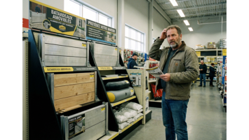 Homme dans un magasin de bricolage hésitant devant un rayon de batardeaux amovibles et de joints anti inondation pour protéger sa maison des crues