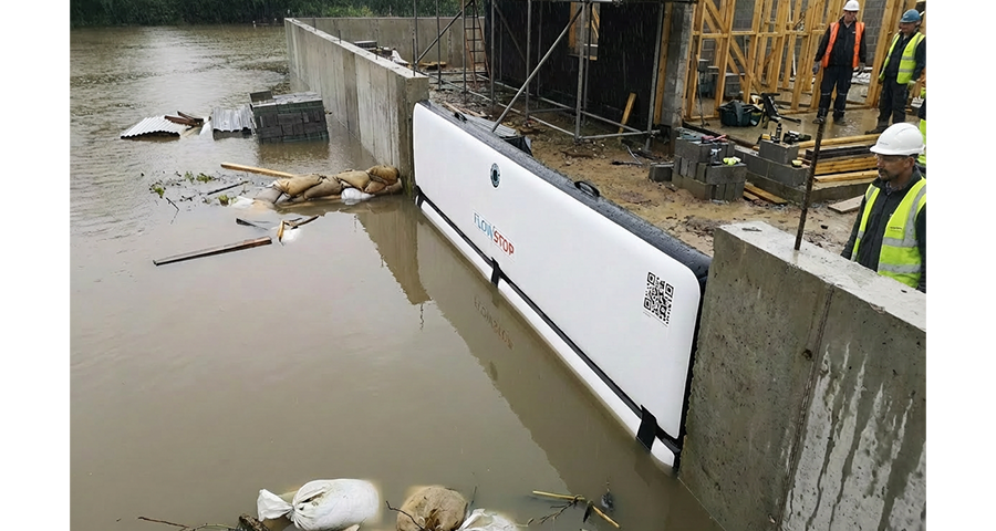 Batardeau gonflable Flowstop fixé contre un mur de garage lors d'un retour terrain client