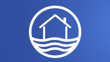 Pictogramme blanc de maison entourée d’un cercle avec des vagues d’eau sur fond bleu, symbolisant la protection anti-inondation et les normes des batardeaux
