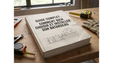 Livre de guide complet posé sur un établi expliquant comment bien choisir et installer un batardeau anti inondation, avec outils de bricolage autour
