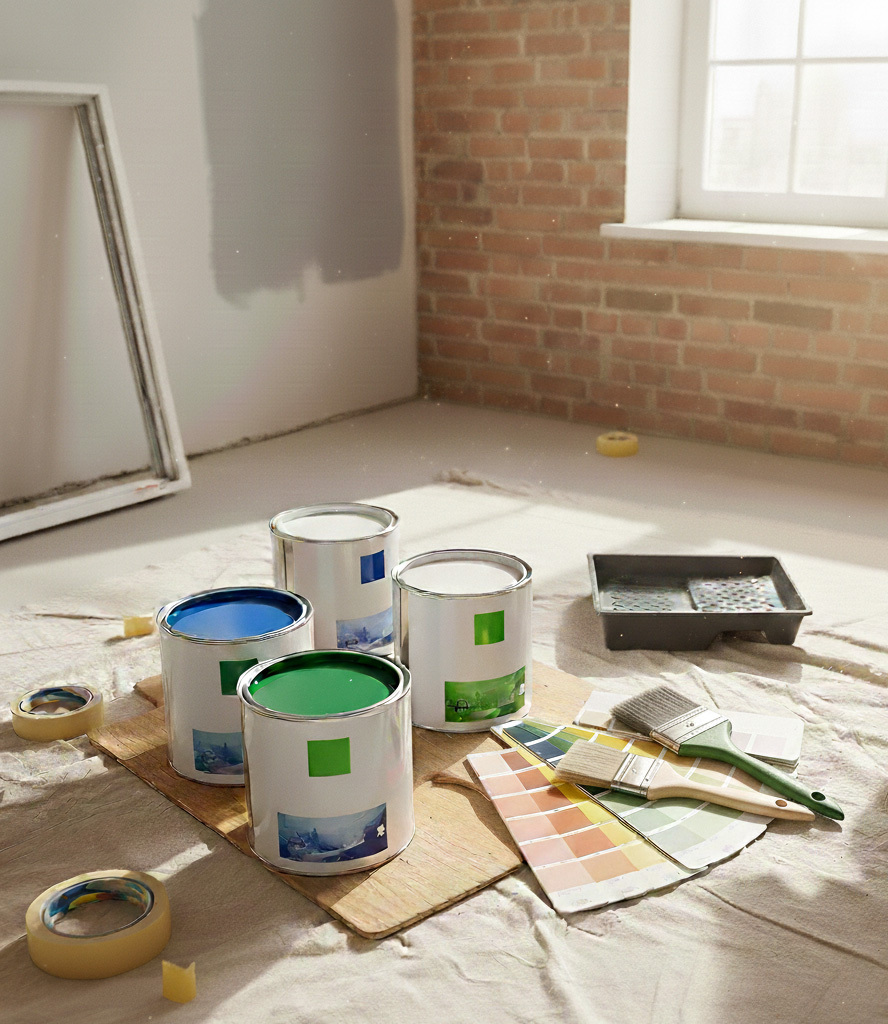 Peinture intérieure : pots de peinture, pinceaux et nuancier pour travaux de rénovation