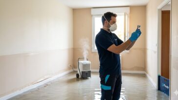 Technicien Floody en EPI (masque FFP3, gants) mesurant l'humidité d'une pièce inondée avec un déshumidificateur professionnel en marche
