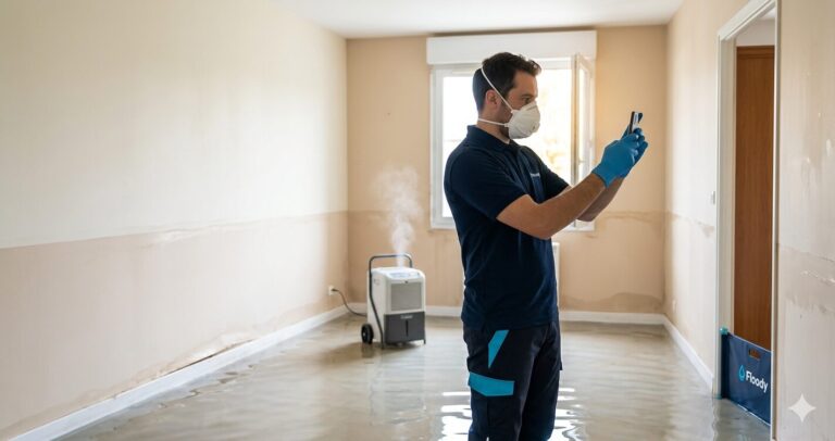 Technicien Floody en EPI (masque FFP3, gants) mesurant l'humidité d'une pièce inondée avec un déshumidificateur professionnel en marche