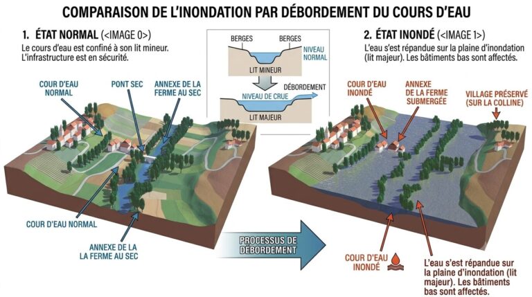 Schéma pédagogique d'une inondation par débordement : crue d'un cours d'eau (rivière, fleuve) dont le niveau dépasse les berges et submerge les zones riveraines basses