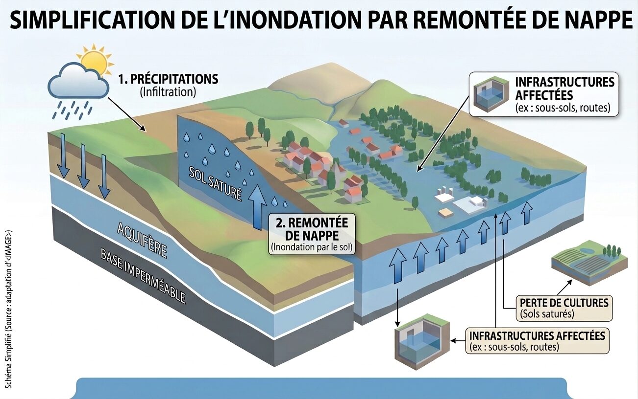 Schéma pédagogique : inondation par remontée de nappe phréatique